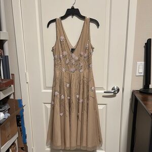 Elegant Beige Floral Embroidered Dress - Adrianne Papell